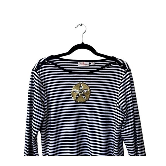 Quacker Factory Womens Top Sz M 3/4 Sleeve Embellished Black Stripe Sand Dollar - Picture 2 of 11